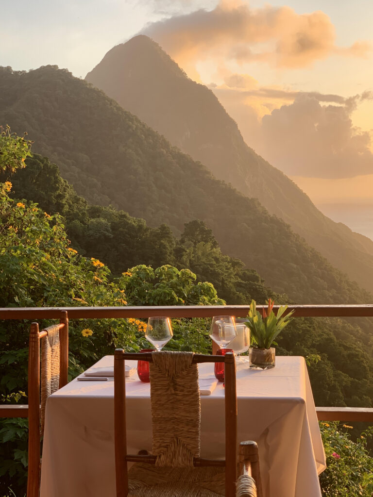 honeymooner's dinner table overlooking the Pitons